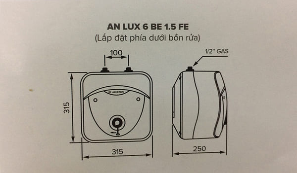 Bình nóng lạnh 6 lít Ariston Andris LUX 6 BE lắp đặt dưới bồn rửa