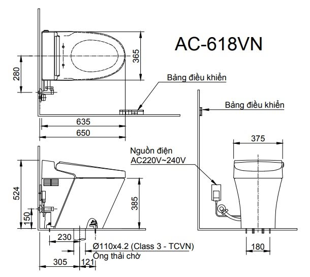 Bản vẽ kỹ thuật Bồn cầu điện tử Inax SATIS AC-618VN
