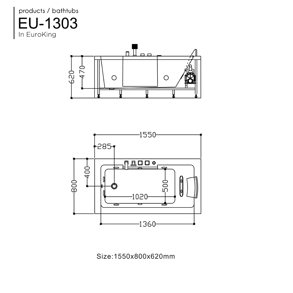 Bản vẽ bồn tắm massage Euroking EU-1303