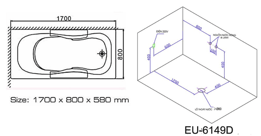 Bản vẽ bồn tắm massage Euroking EU-6149D