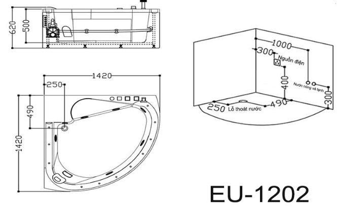 Bản vẽ Bồn tắm góc massage Euroking EU-1202