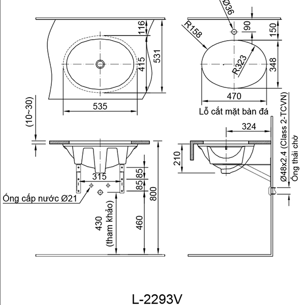 Bản vẽ kỹ thuật Chậu rửa âm bàn Inax L-2293V