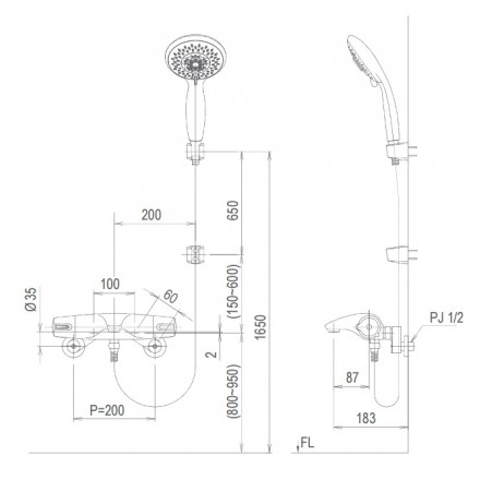 Bản vẽ kỹ thuật Bộ vòi sen tắm nhiệt độ Inax BFV-5103T-3C