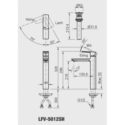 Bản vẽ kỹ thuật Vòi chậu nóng lạnh Inax LFV-5012SH (dành cho chậu lavabo)