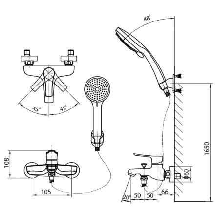 Bản vẽ kỹ thuật Bộ vòi sen tắm nóng lạnh Inax BFV-313S