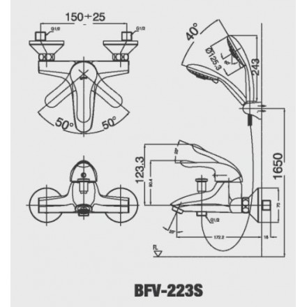 Bản vẽ kỹ thuật Bộ vòi sen tắm nóng lạnh Inax BFV-223S