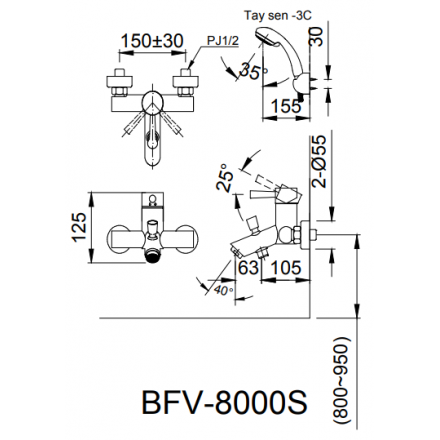 Bản vẽ kỹ thuật Bộ vòi sen tắm nóng lạnh Inax BFV-8000S-5C
