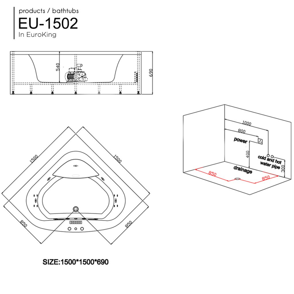 Bản vẽ kỹ thuật Bồn tắm góc massage Euroking EU-1502