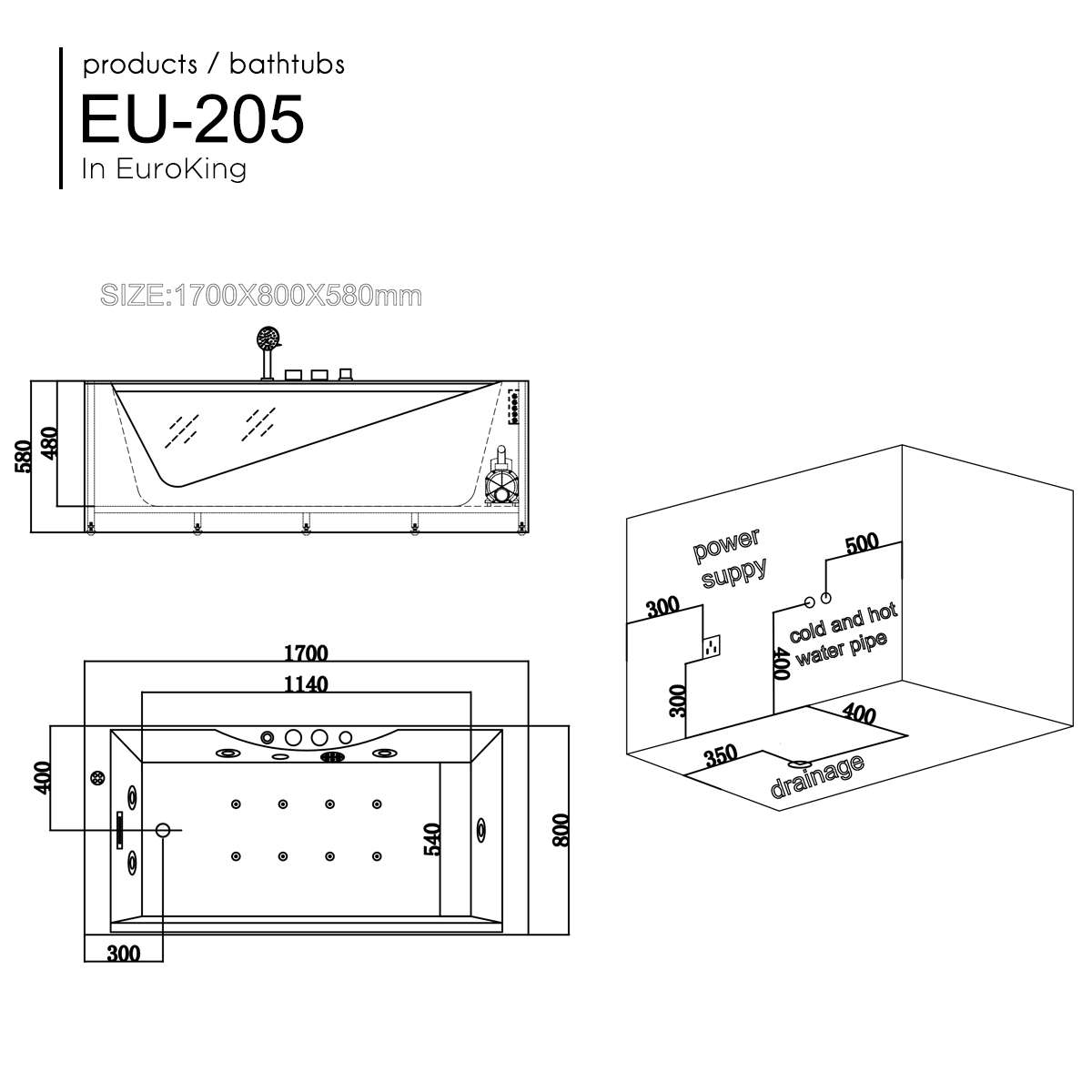 Bản vẽ kỹ thuật Bồn tắm massage Euroking EU-205