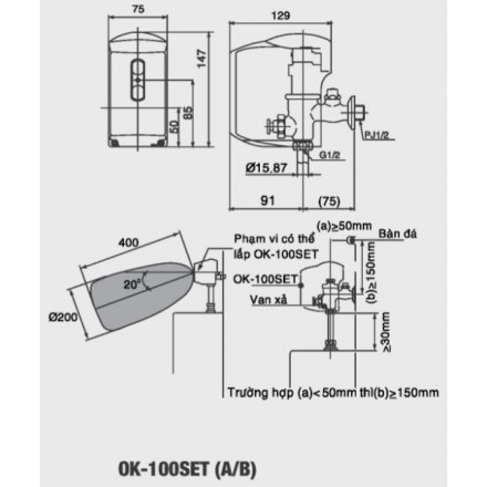 Bản vẽ kỹ thuật Van xả cảm ứng bồn tiểu Inax OK-100SET (A/B)