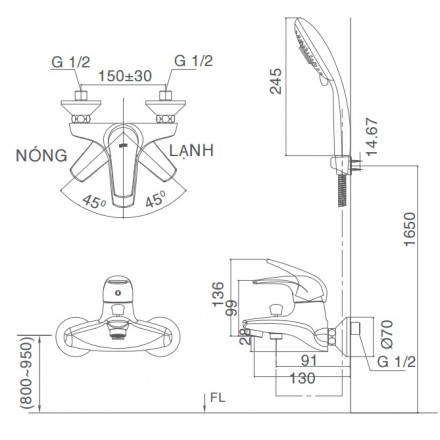 Bản vẽ kỹ thuật Bộ sen vòi tắm nóng lạnh Inax BFV-3003S-1C