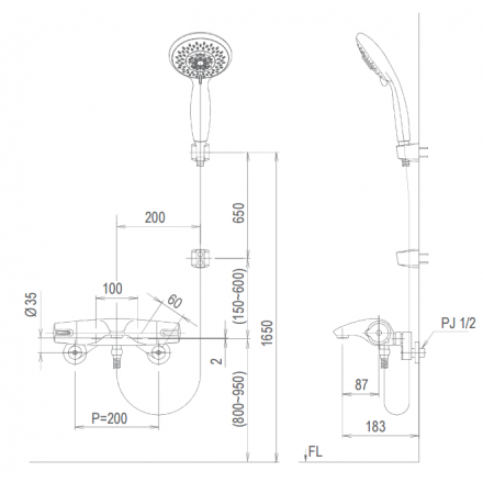 Bản vẽ kỹ thuật Bộ vòi sen tắm nhiệt độ Inax BFV-5103T-5C