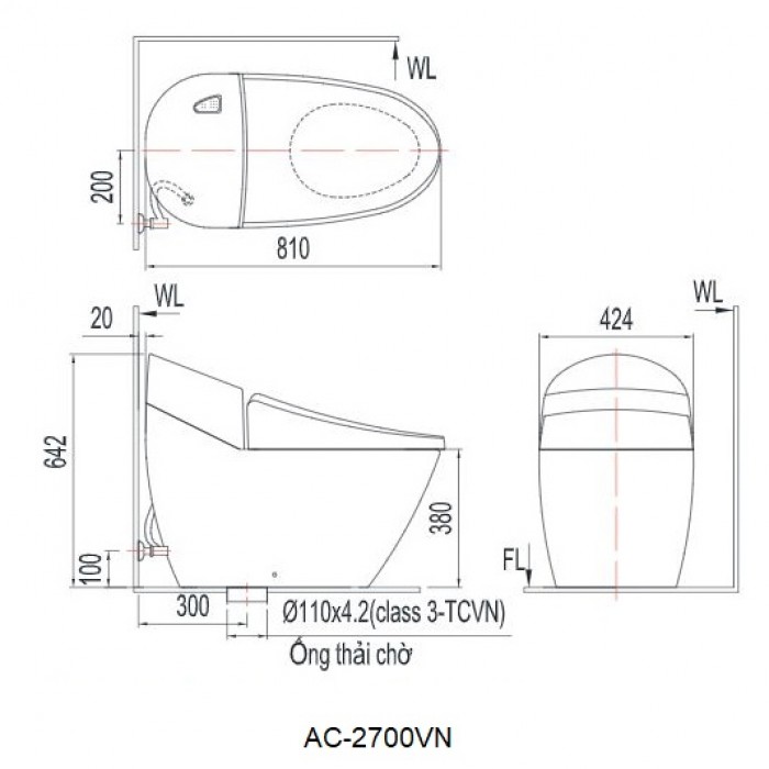 Bản vẽ kỹ thuật Bồn cầu Inax AC-2700VN 1 khối
