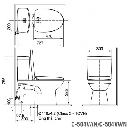 Bản vẽ kỹ thuật Bồn cầu 2 khối Inax C-504VAN