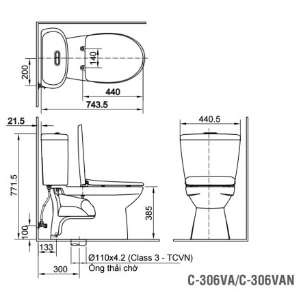 Bản vẽ kỹ thuật Bồn cầu 2 khối Inax C-306VA