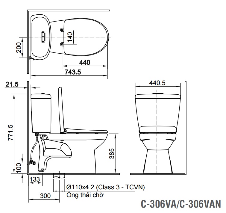 Bản vẽ kỹ thuật Bồn cầu 2 khối Inax C-306VAN