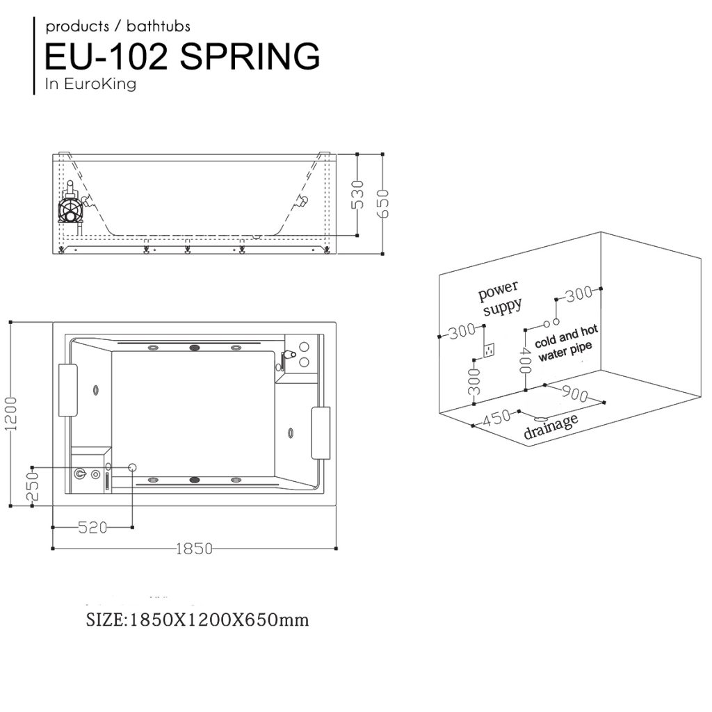 Bản vẽ bồn tắm massage Euroking EU-102 SPRING 