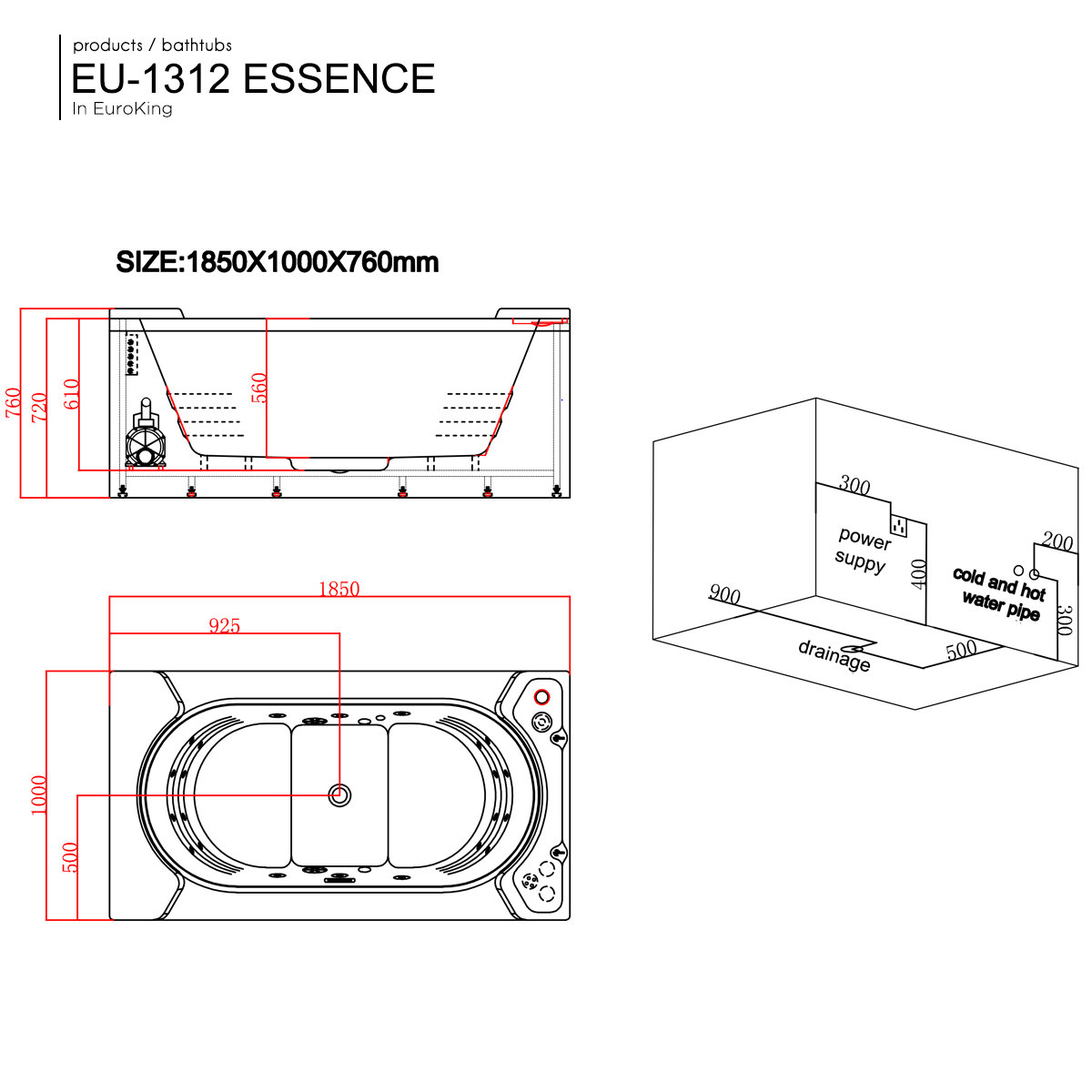 Bản vẽ bồn tắm massage Euroking EU-1312 ESSENCE