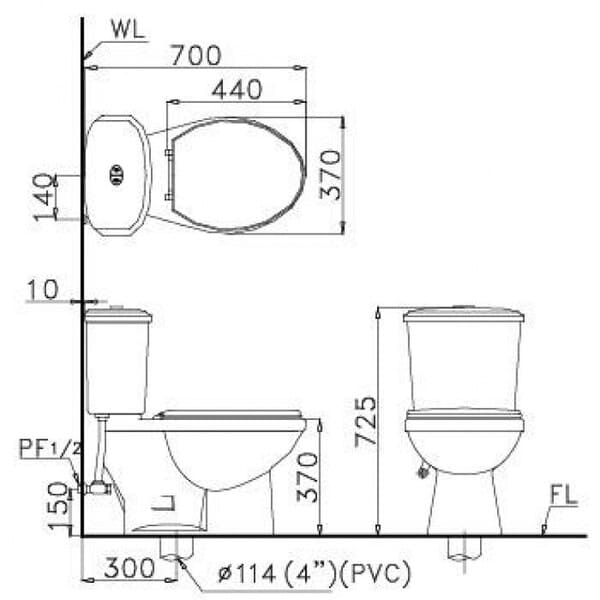 Bản vẽ kỹ thuật bệt vệ sinh CD1338 Caesar 2 khối