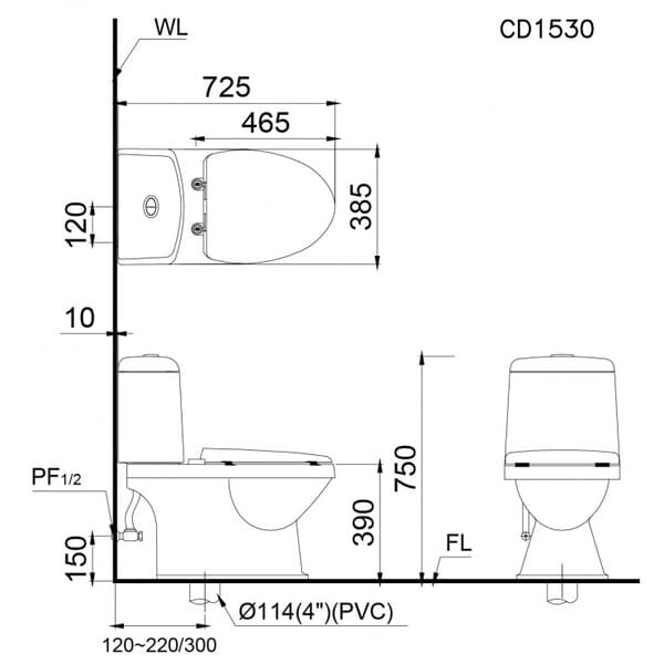 Bản vẽ kỹ thuật sản phẩm bệt vệ sinh Caesar 1 khối CD1530