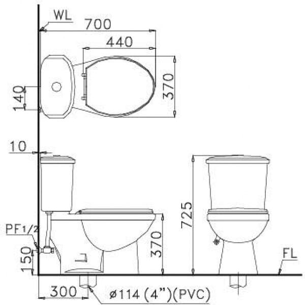 Bản vẽ kỹ thuật bệt vệ sinh CTS1338 Caesar 2 khối 