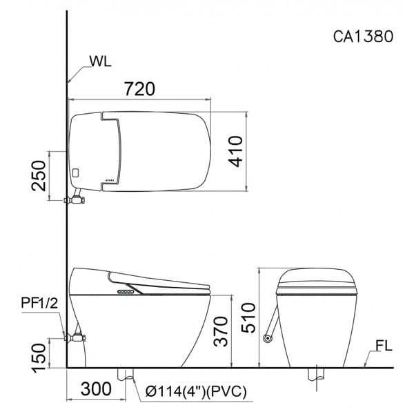 Bản vẽ kỹ thuật bồn cầu điện tử Caesar CA1380H