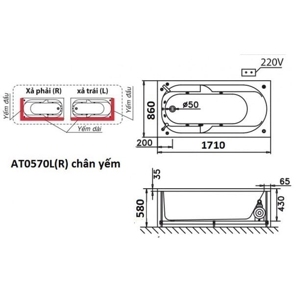 Bản vẽ kỹ thuật bồn tắm Caesar AT0570L(R)