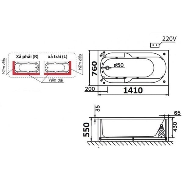 Bản vẽ kỹ thuật bồn tắm Caesar AT0640L(R)