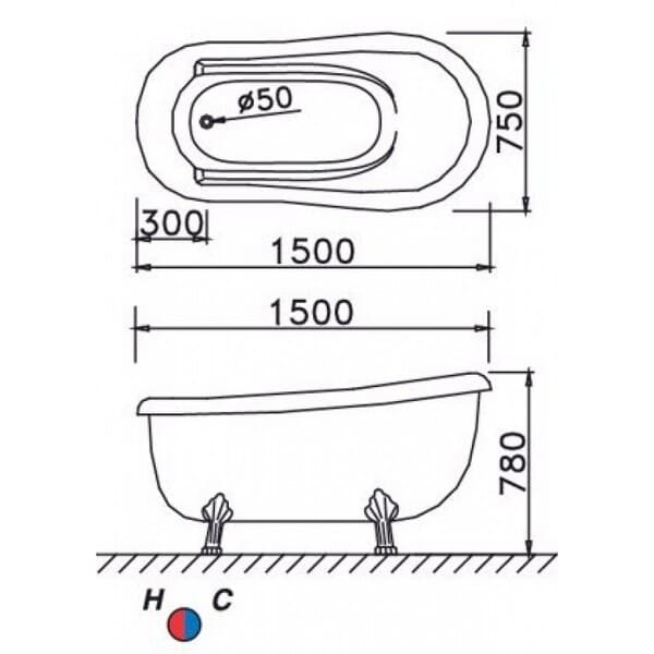 Bản vẽ kỹ thuật bồn tắm đặt sàn KT1150 Caesar