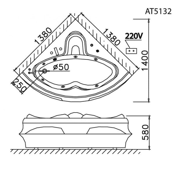 Bản vẽ kỹ thuật bồn tắm góc xây Caesar AT5132A