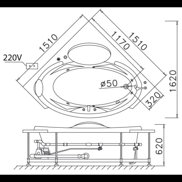 Bản vẽ kỹ thuật bồn tắm góc xây Caesar AT5150A