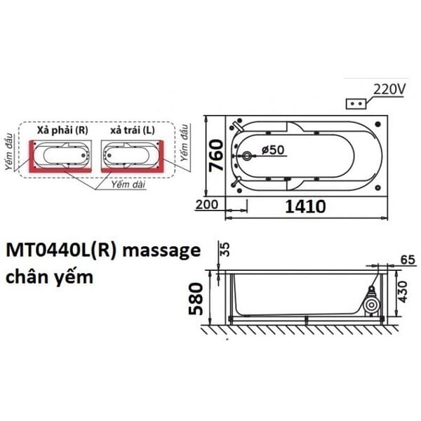 Bản vẽ kỹ thuật bồn tắm massage Caesar MT0440L(R)
