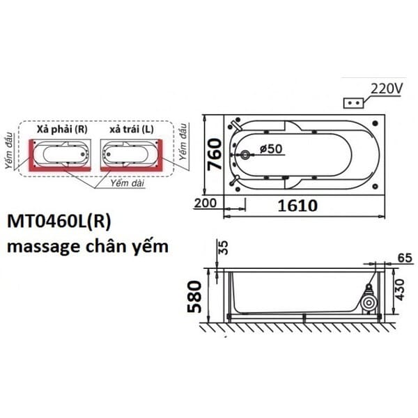 Bản vẽ kỹ thuật bồn tắm massage Caesar MT0460L(R)