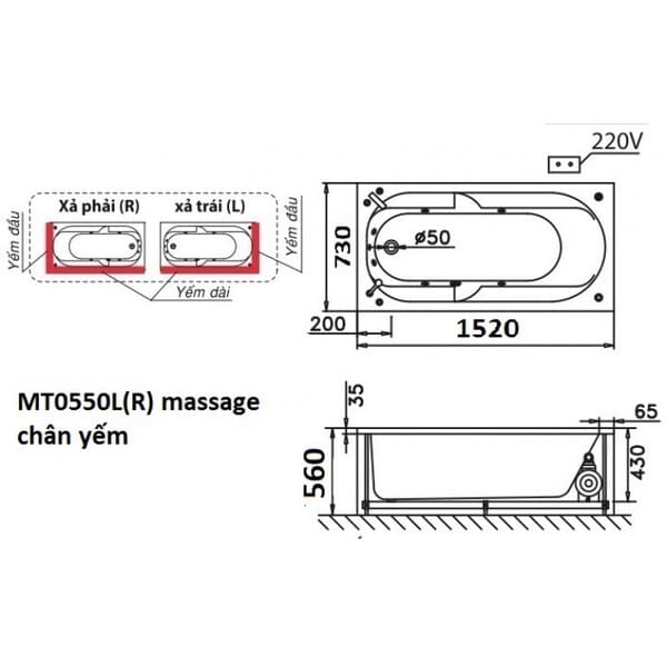Bản vẽ kỹ thuật bồn tắm massage xây Caesar MT0550L(R)