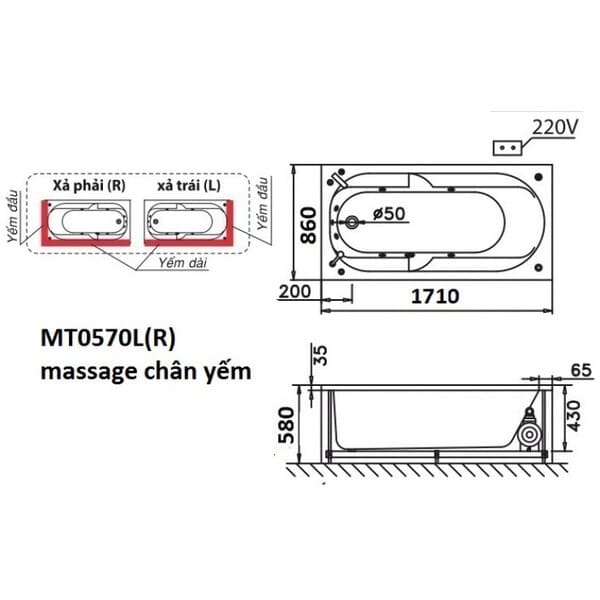 Bản vẽ kỹ thuật bồn tắm massage xây Caesar MT0570L(R)