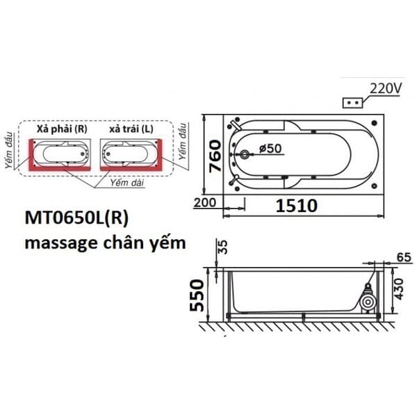 Bản vẽ kỹ thuật bồn tắm massage Caesar MT0650L(R)
