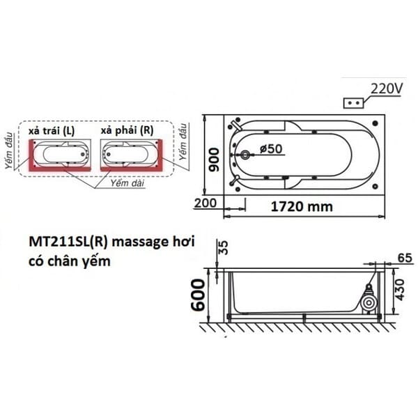 Bản vẽ kỹ thuật bồn tắm massage Caesar MT211SL(R)