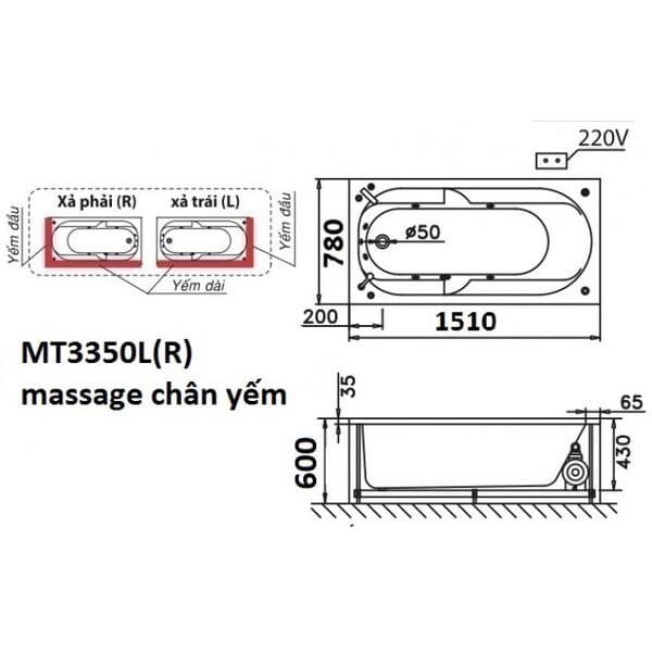 Bản vẽ kỹ thuật bồn tắm massage Caesar MT3350L(R)