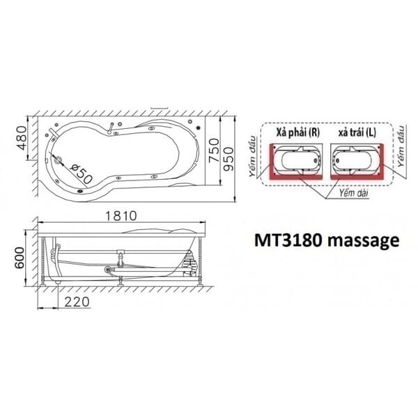Bản vẽ kỹ thuật bồn tắm massage Caesar MT3180L(R)