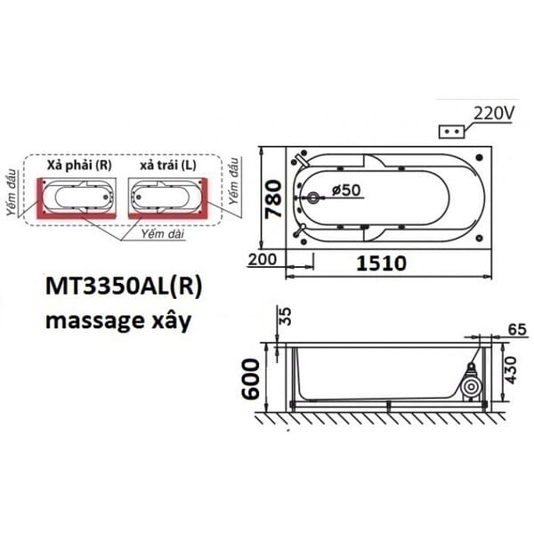 Bản vẽ kỹ thuật bồn tắm massage xây Caesar MT3350AL(R)
