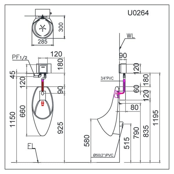 Bản vẽ kỹ thuật sản phẩm tiểu nam U0264 Caesar