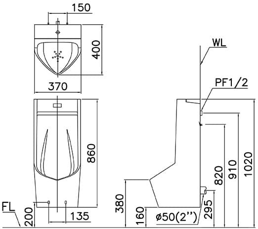 Bản vẽ kỹ thuật sản phẩm tiểu nam UA0283/UMP0283 Caesar