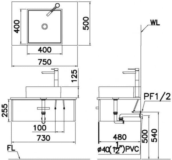 Bản vẽ kỹ thuật chậu rửa đặt bàn Caesar LF5252