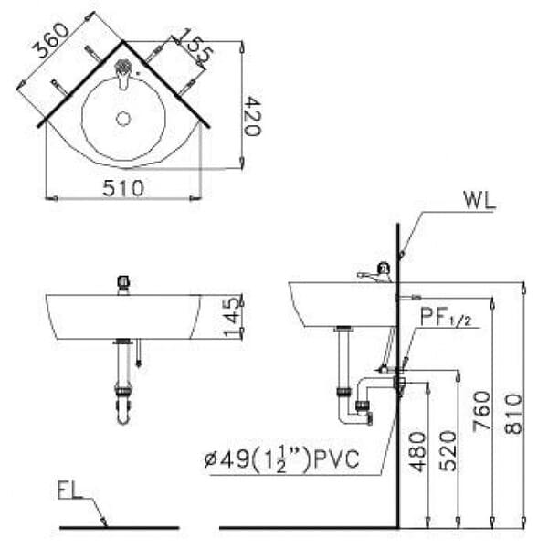Bản vẽ kỹ thuật chậu rửa treo góc Caesar L2014