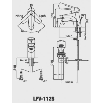 Bản vẽ kỹ thuật Vòi chậu lavabo nóng lạnh Inax LFV-112S