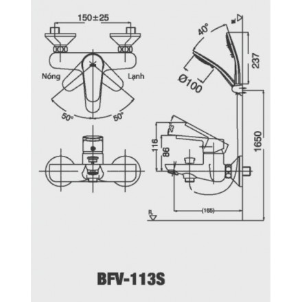 Bản vẽ kỹ thuật Bộ vòi sen tắm nóng lạnh Inax BFV-113S
