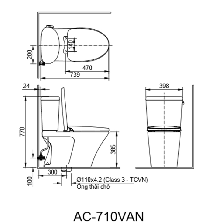 Bản vẽ kỹ thuật Bồn cầu 2 khối Inax AC-710VAN