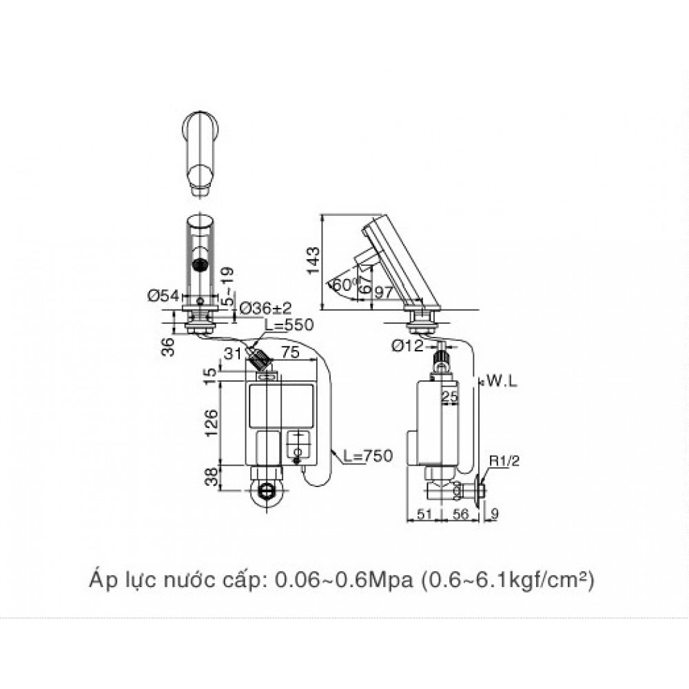 Bản vẽ kỹ thuật Vòi cảm ứng nóng lạnh Inax AMV-90 (không dùng điện)