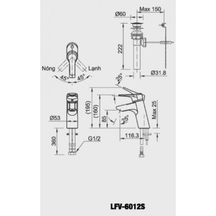 Bản vẽ kỹ thuật Vòi chậu lavabo nóng lạnh Inax LFV-6012S