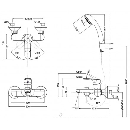 Bản vẽ kỹ thuật Bộ vòi sen tắm nóng lạnh Inax BFV-1403S-4C